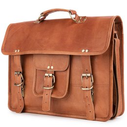 A large, brown leather briefcase with multiple pockets and a buckle closure. The briefcase has a classic, professional style suitable for business or travel.