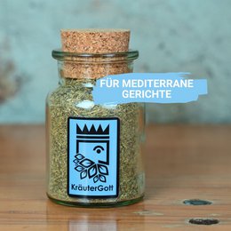 Mediterranean herbal salt, ideal for seasoning Mediterranean dishes. Contains a blend of aromatic herbs and spices.