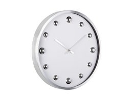  Circular wall clock with shiny metallic dots around the perimeter, silver-toned frame, and simple white dial with minimal markings.