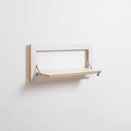 White wall-mounted shelving unit with wooden frame and metal accents.