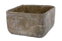 A square-shaped plant basket made of gray-colored material, likely concrete or stone. The basket has a rustic, weathered appearance and is suitable for indoor or outdoor use to hold plants or other decorative items.