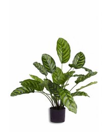  Tall, lush green artificial plant with large, textured leaves in a black pot.