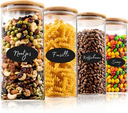  Glass storage jars with bamboo lids, rewritable stickers, and 1200ml capacity. Set of 4 jars for organizing and storing dry goods, cereals, and snacks.
