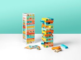  A colorful wooden stacking tower toy with various animal designs. The tower features a variety of bright colors and shapes, making it an engaging and educational toy for young children.
