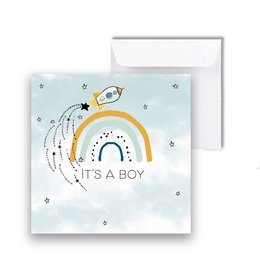 Colorful birth announcement card featuring a rocket and rainbow design with the text "It's a Boy". The card has a pastel blue background with stars and a rainbow.