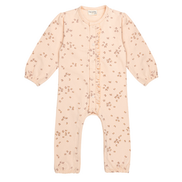  Pale dogwood colored baby onesie with flower heart print, available in sizes 50/56, 62, 68, and 74.