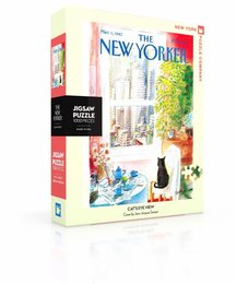 A 1000-piece jigsaw puzzle featuring the iconic cover of The New Yorker magazine, depicting a cityscape with a black cat in the foreground.