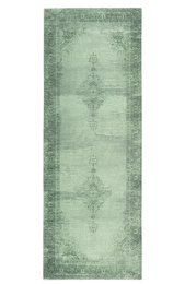  A large, green vintage-style area rug with a modern low pile and a soft, machine-washable texture. The rug measures 80 x 195 cm and is suitable for living room use.