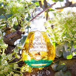 Sparkling chakra bath oil with wintergreen, pine, and lavender scents in a glass bottle with a nature-inspired design.