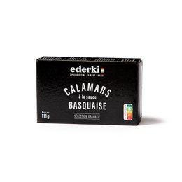 Canned calamari in basquaise sauce, a savory seafood dish with a flavorful sauce. Contains 111g of product.