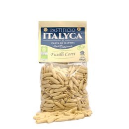 Short, organic, artisan pasta made in Italy. Fusilli shape with a golden color.