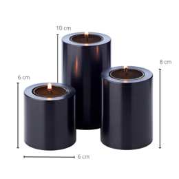 Set of 3 permanent candles Cornelius (Ø 6cm, heights 6/8/10 cm) black, tealight holder heat-resistant 90°