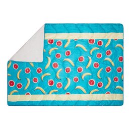  Vibrant turquoise picnic blanket with a playful pattern of red grapefruit slices and yellow banana shapes, perfect for outdoor gatherings.