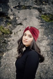 Dark red velvet headband with rhinestone detail, suitable for small to standard head sizes.