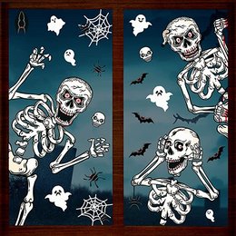 Skeleton Halloween stickers featuring spooky designs with skulls, bones, and ghosts. Ideal for decorating walls and surfaces for a festive Halloween atmosphere.