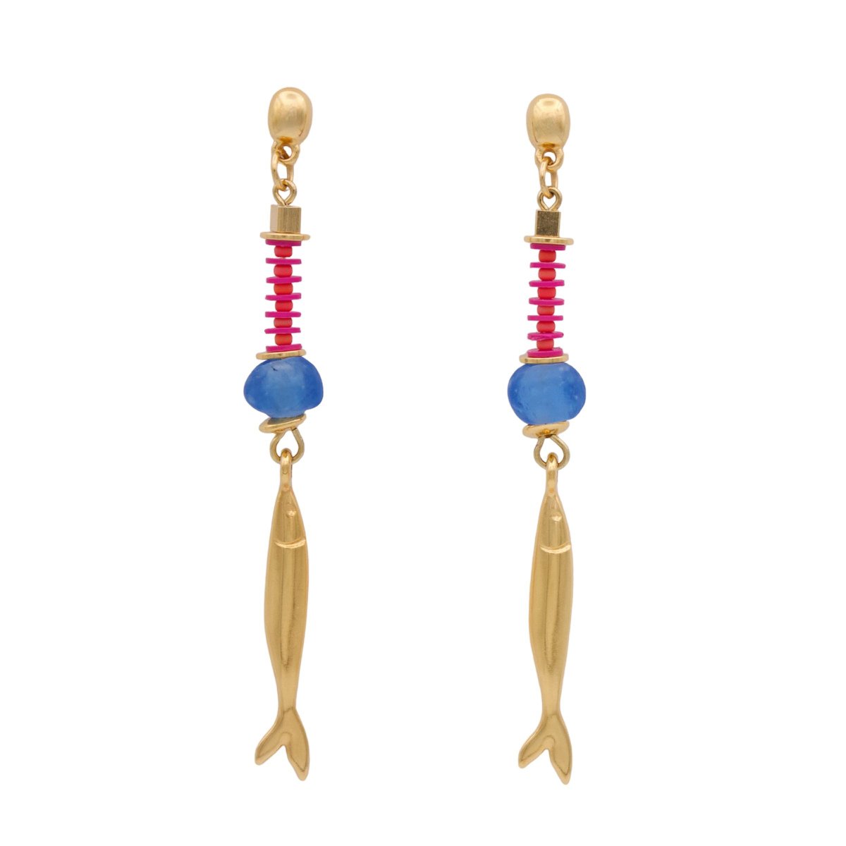 ARACATACA colorful golden earrings with fish pendants
