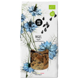 Organic black cumin crackers with the brand name "Nigel". The crackers have a rectangular shape and are packaged in a box with a floral design featuring blue flowers.