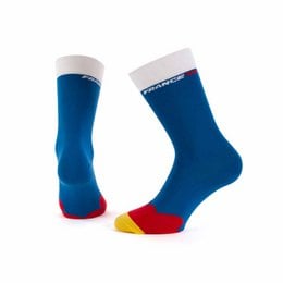 "Blue and white socks with red and yellow accents. Suitable for casual wear or sports activities."