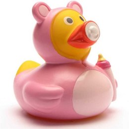  A pink rubber duck toy with a yellow duck head and beak. The duck has a cute and playful design, making it suitable for use in a child's bath or as a fun bath toy.
