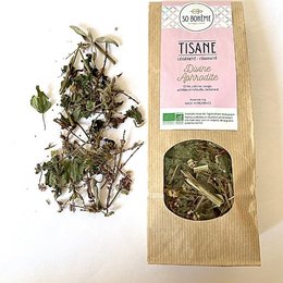 Organic herbal tea with a blend of harmonizing herbs, including chamomile, lemon balm, and lavender. Packaged in a paper bag.