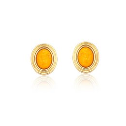 Oval-shaped stud earrings with a vibrant yellow stone set in a gold-tone metal frame.