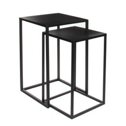 A set of two black metal side tables with a square top and a minimalist, modern design. The tables measure 35 x 35 x 55 cm each.