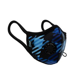 Reusable, washable face mask with a blue and black camouflage pattern design. Features a replaceable filter and adjustable ear loops for a comfortable fit.