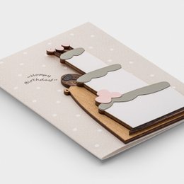  "3D wooden birthday card with handmade cake design, white tiered cake with wooden candles, cream beige cardstock, greeting card"