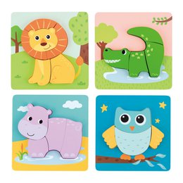  Colorful animal-themed wooden puzzle with 4 different scenes featuring a lion, crocodile, hippo, and owl.