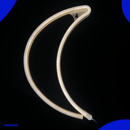  Neon moon-shaped lamp, warm white light, includes 3 batteries, measures 30 x 20 cm, suitable for wall lighting.