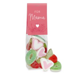  A colorful assortment of heart-shaped and fruit-flavored candies in a pink gift bag labeled "For Mama" - a perfect Mother's Day treat.