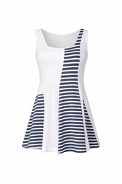 "Sleeveless navy and white striped tunic dress, fit-and-flare silhouette, modern casual style"