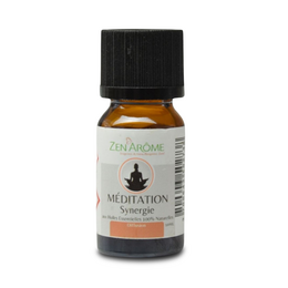 Essential oil blend for meditation, packaged in France. Contains 10 ml of 100% natural essential oils for use in diffusion.