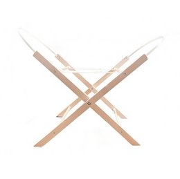 A natural-colored, wooden basket stand with a simple, minimalist design. The stand features an X-shaped frame and is suitable for use in a child's room or nursery.