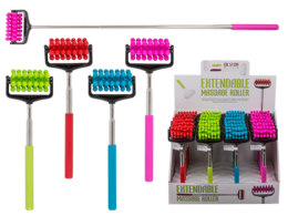 Extendable massage roller with multiple color options for a customized massage experience. Features a sturdy handle and flexible rollers to target different muscle groups.