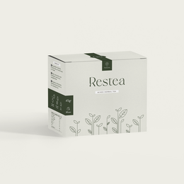 Restea - a premium tea product in a white and green box packaging. The box features the Restea logo and branding.