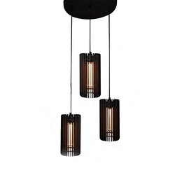 Black hanging lamp trio with cylindrical glass shades.