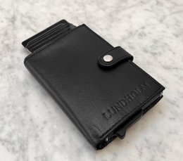 Læderkortholder + nøgleorgan sort — gavesæt til mænd — Lundholm Örebro Safety Wallet