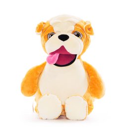 Soft, plush bulldog toy in a warm orange and white color scheme. Features a friendly, smiling expression and a fluffy, cuddly design.
