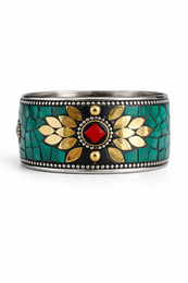 Turquoise bangle bracelet with gold floral design, red gemstone center, ornate ethnic style, metal clasp closure.