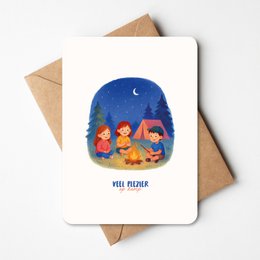  Colorful camping-themed friendship card with a map graphic and the text "Camp | Card" and "Kamp".