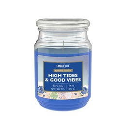 A large, round, clear glass candle jar with a blue label that reads "High Tides & Good Vibes". The candle appears to be a scented candle with a light blue wax.