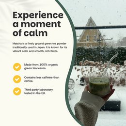  Ceremonial grade matcha powder, 60 grams, made from 100% organic green tea leaves.