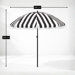  Black and white striped polyester parasol with fringe trim, suitable for sun protection.