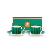 Set/2 Espresso Cups & Saucers Love Birds Stripes Emerald-Green