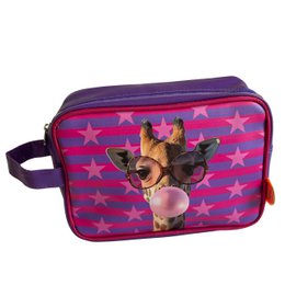  A purple toiletry bag with a pink star pattern and an image of a dog's face on the front.