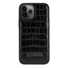 Black leather iPhone 12 Pro Max sleeve with crocodile texture pattern, designed for smartphone protection.