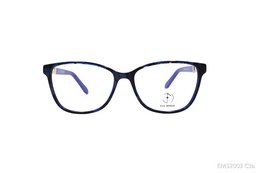 Navy blue rectangular eyeglasses with gold accents on the temples.