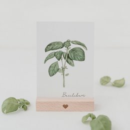 Two natural wooden card stands, each 10.5cm tall, featuring a botanical illustration of green leaves and a heart-shaped detail.