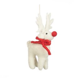 Handmade felt biodegradable Christmas white Rudolph hanging decoration. Soft, plush reindeer ornament with red nose and scarf.
